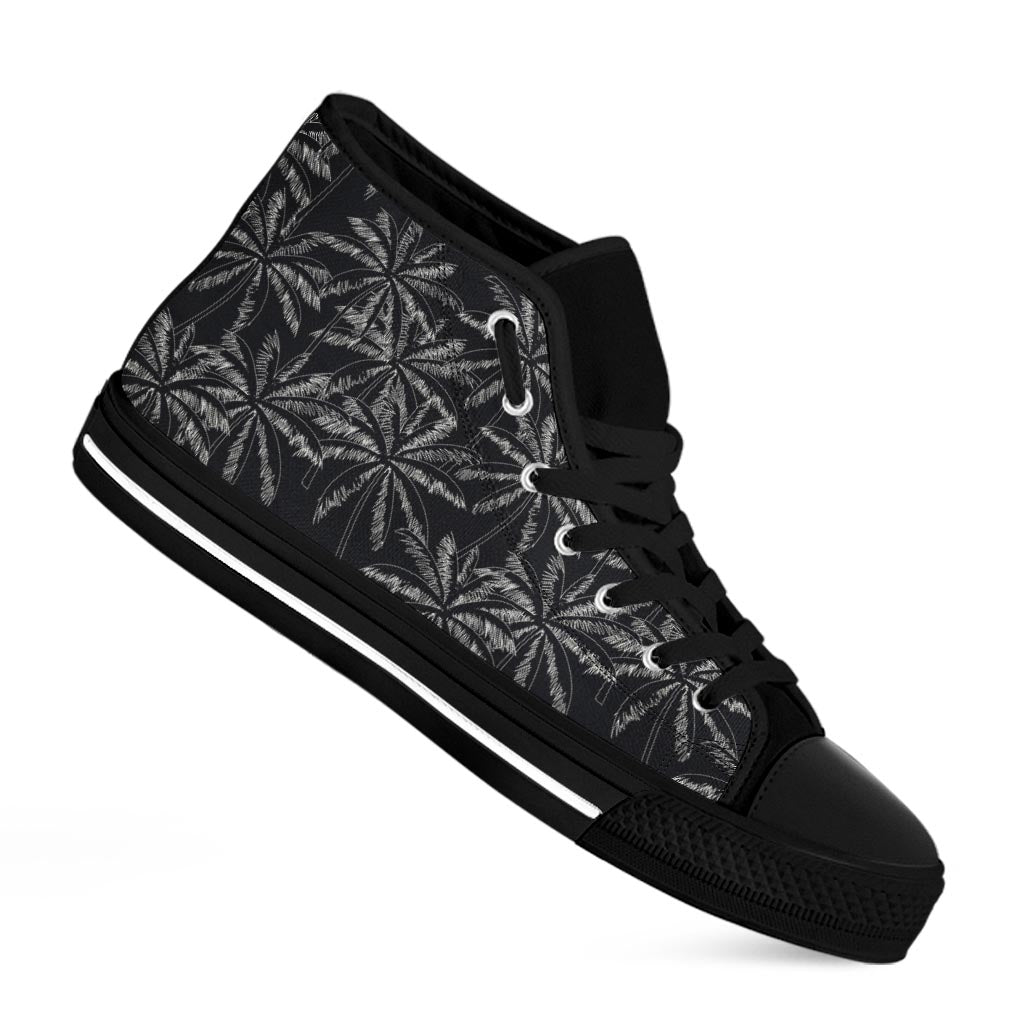 Black White Palm Tree Pattern Print Black High Top Sneakers