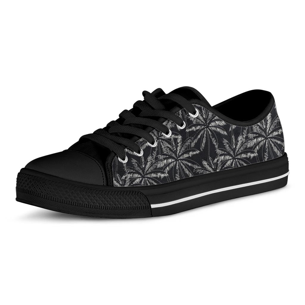 Black White Palm Tree Pattern Print Black Low Top Sneakers