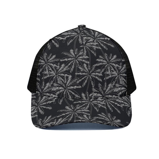 Black White Palm Tree Pattern Print Black Mesh Trucker Cap
