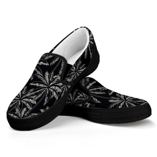 Black White Palm Tree Pattern Print Black Slip On Sneakers