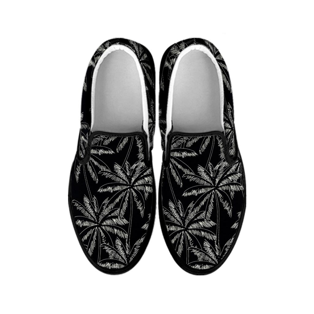 Black White Palm Tree Pattern Print Black Slip On Sneakers