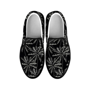 Black White Palm Tree Pattern Print Black Slip On Sneakers