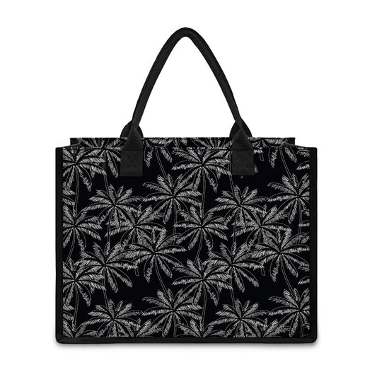 Black White Palm Tree Pattern Print Canvas Tote Bag