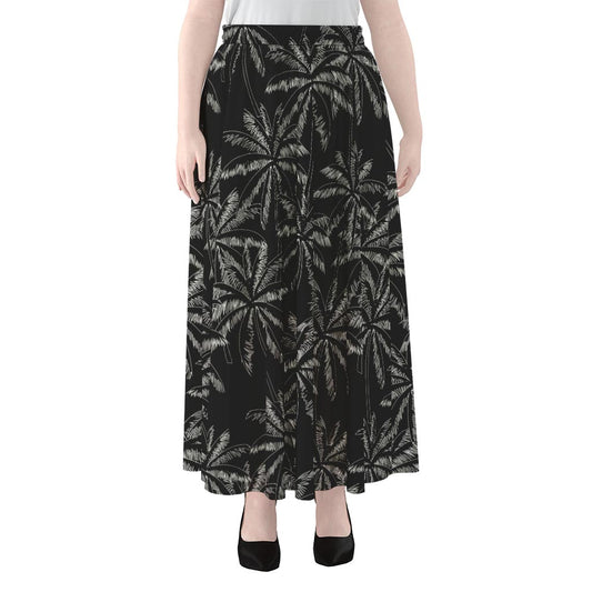 Black White Palm Tree Pattern Print Chiffon Maxi Skirt