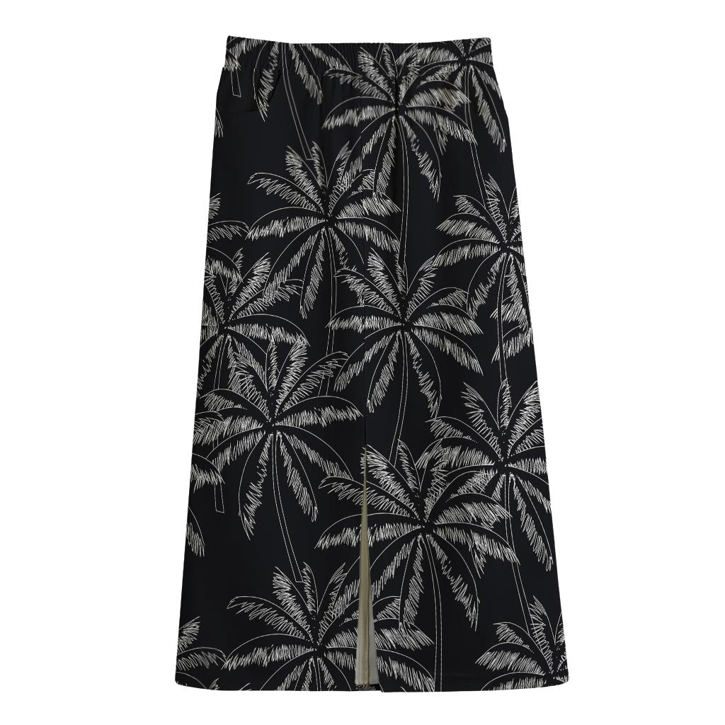 Black White Palm Tree Pattern Print Cotton Front Slit Maxi Skirt
