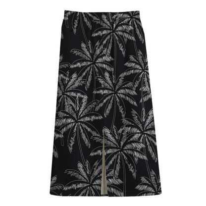 Black White Palm Tree Pattern Print Cotton Front Slit Maxi Skirt