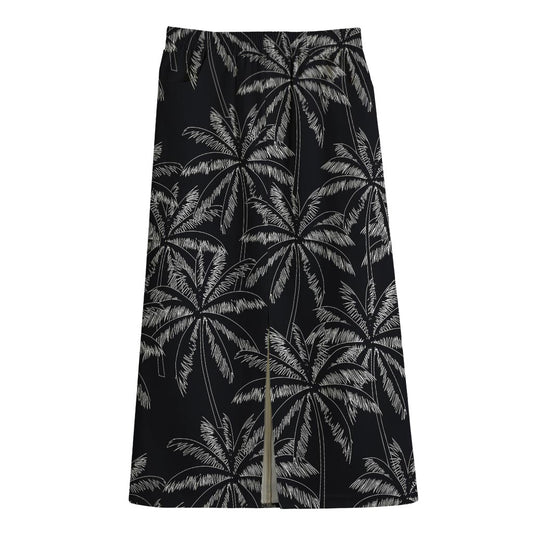 Black White Palm Tree Pattern Print Cotton Front Slit Maxi Skirt