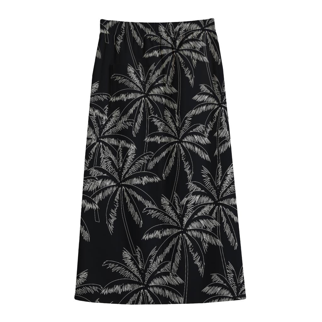 Black White Palm Tree Pattern Print Cotton Front Slit Maxi Skirt