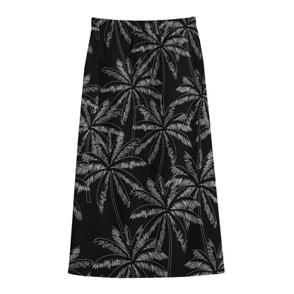 Black White Palm Tree Pattern Print Cotton Front Slit Maxi Skirt