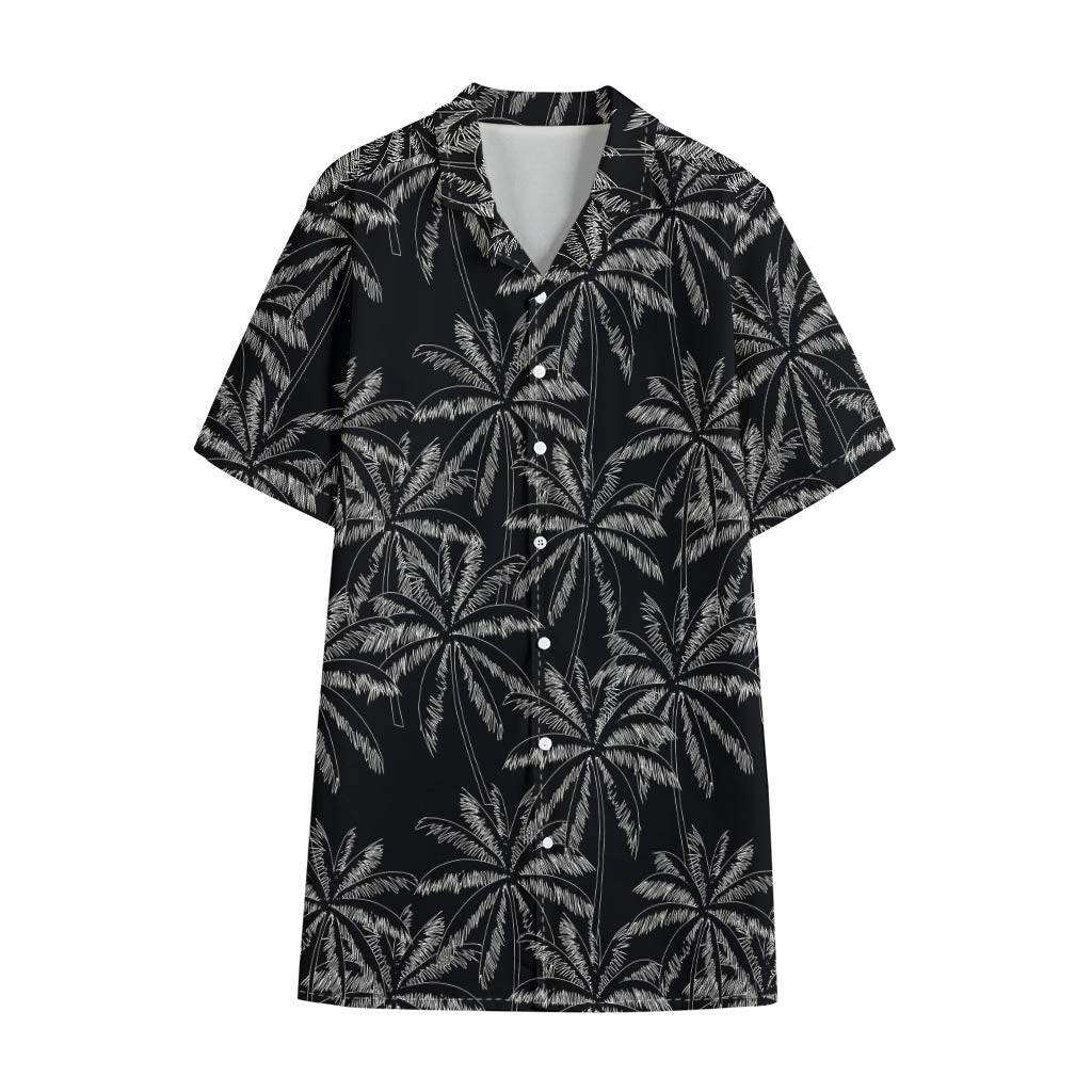 Black White Palm Tree Pattern Print Cotton Hawaiian Shirt