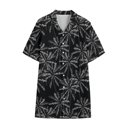 Black White Palm Tree Pattern Print Cotton Hawaiian Shirt