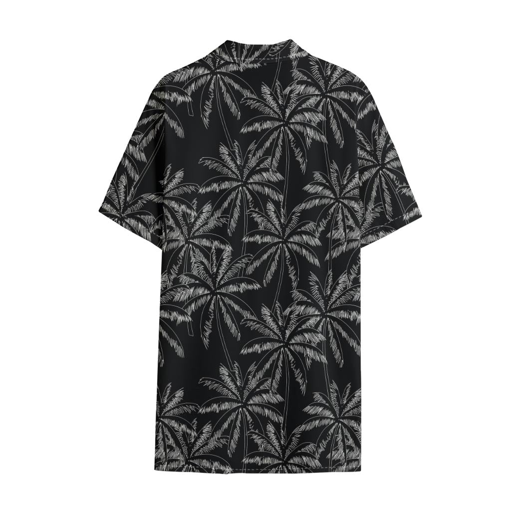 Black White Palm Tree Pattern Print Cotton Hawaiian Shirt