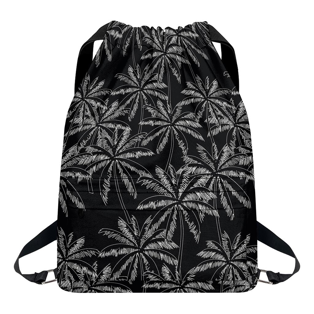 Black White Palm Tree Pattern Print Drawstring Backpack