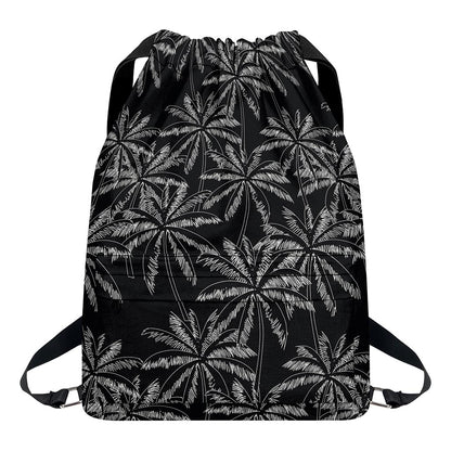 Black White Palm Tree Pattern Print Drawstring Backpack