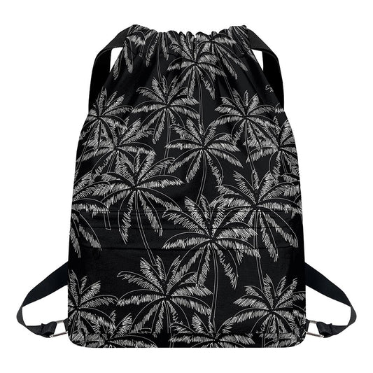 Black White Palm Tree Pattern Print Drawstring Backpack