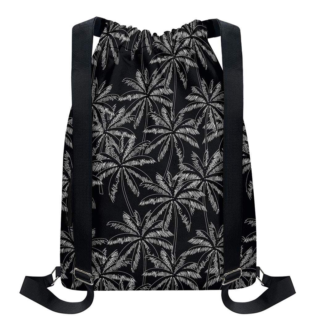 Black White Palm Tree Pattern Print Drawstring Backpack