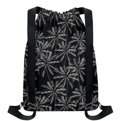 Black White Palm Tree Pattern Print Drawstring Backpack