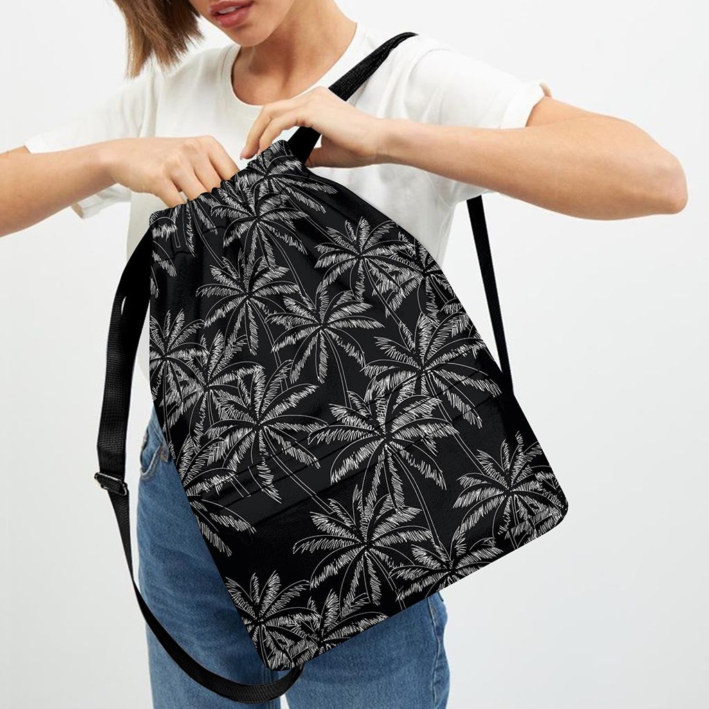 Black White Palm Tree Pattern Print Drawstring Backpack