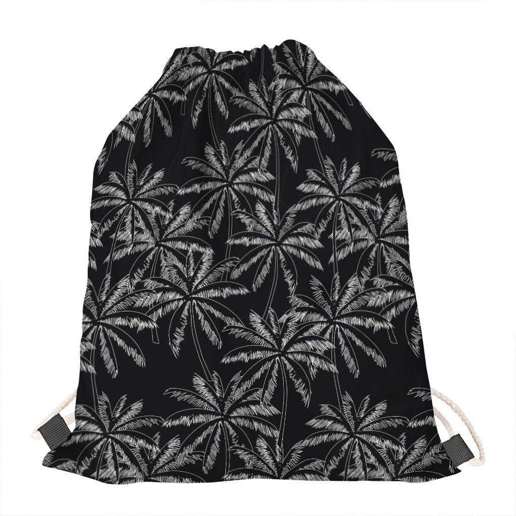 Black White Palm Tree Pattern Print Drawstring Bag