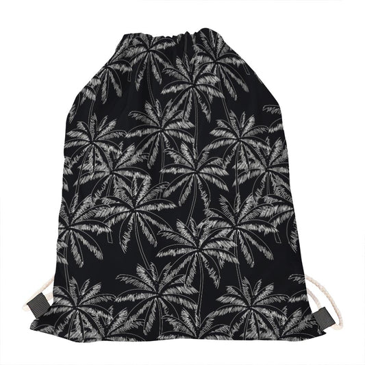 Black White Palm Tree Pattern Print Drawstring Bag