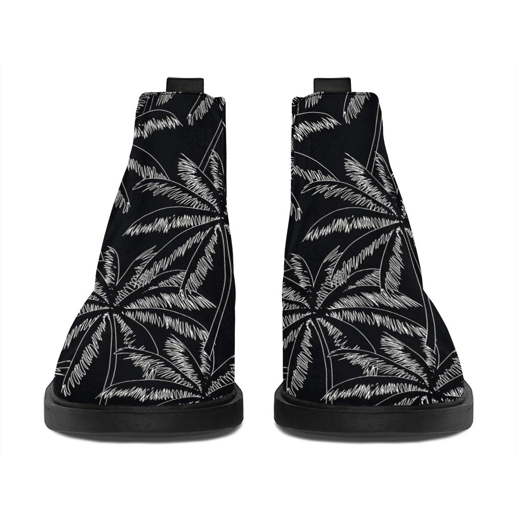 Black White Palm Tree Pattern Print Flat Ankle Boots