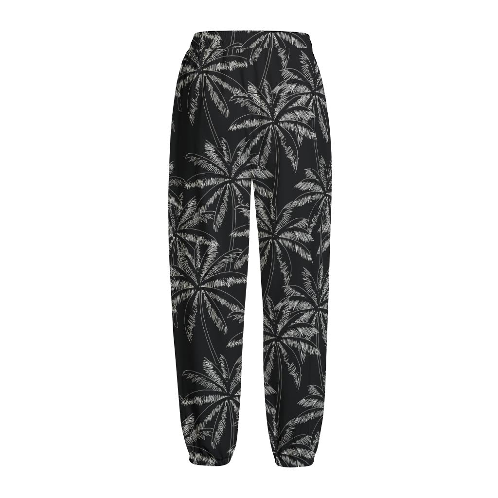 Black White Palm Tree Pattern Print Fleece Lined Knit Pants