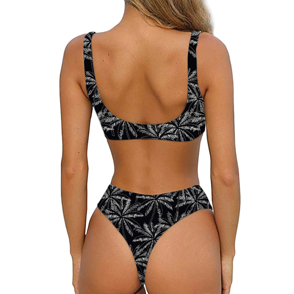 Black White Palm Tree Pattern Print Front Bow Tie Bikini