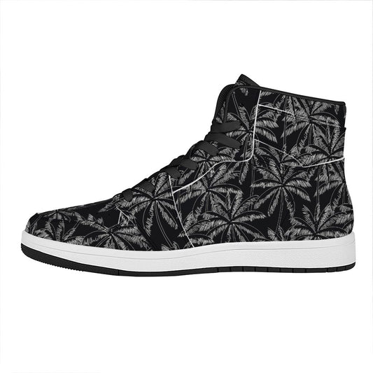 Black White Palm Tree Pattern Print High Top Leather Sneakers