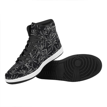 Black White Palm Tree Pattern Print High Top Leather Sneakers