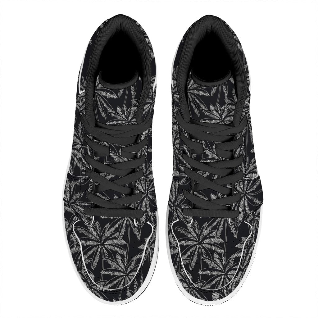 Black White Palm Tree Pattern Print High Top Leather Sneakers