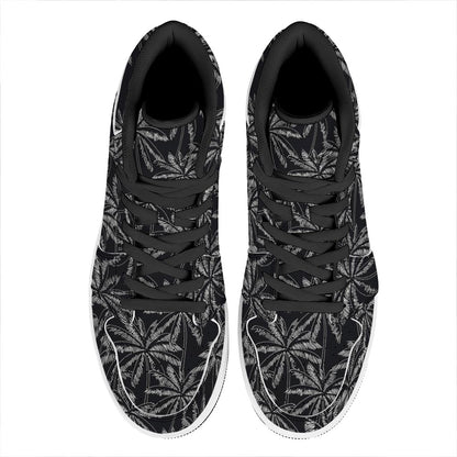 Black White Palm Tree Pattern Print High Top Leather Sneakers