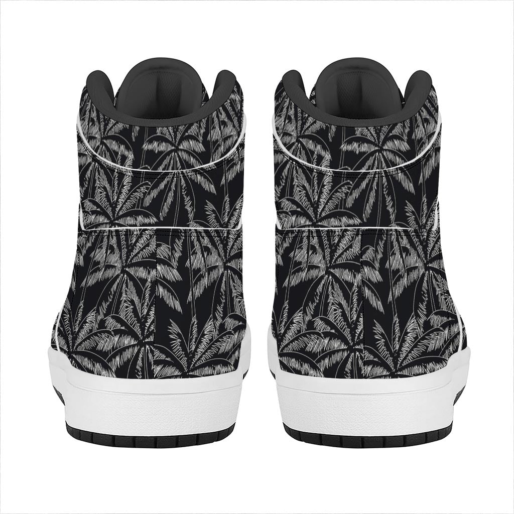 Black White Palm Tree Pattern Print High Top Leather Sneakers