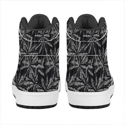 Black White Palm Tree Pattern Print High Top Leather Sneakers