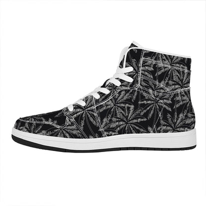Black White Palm Tree Pattern Print High Top Leather Sneakers