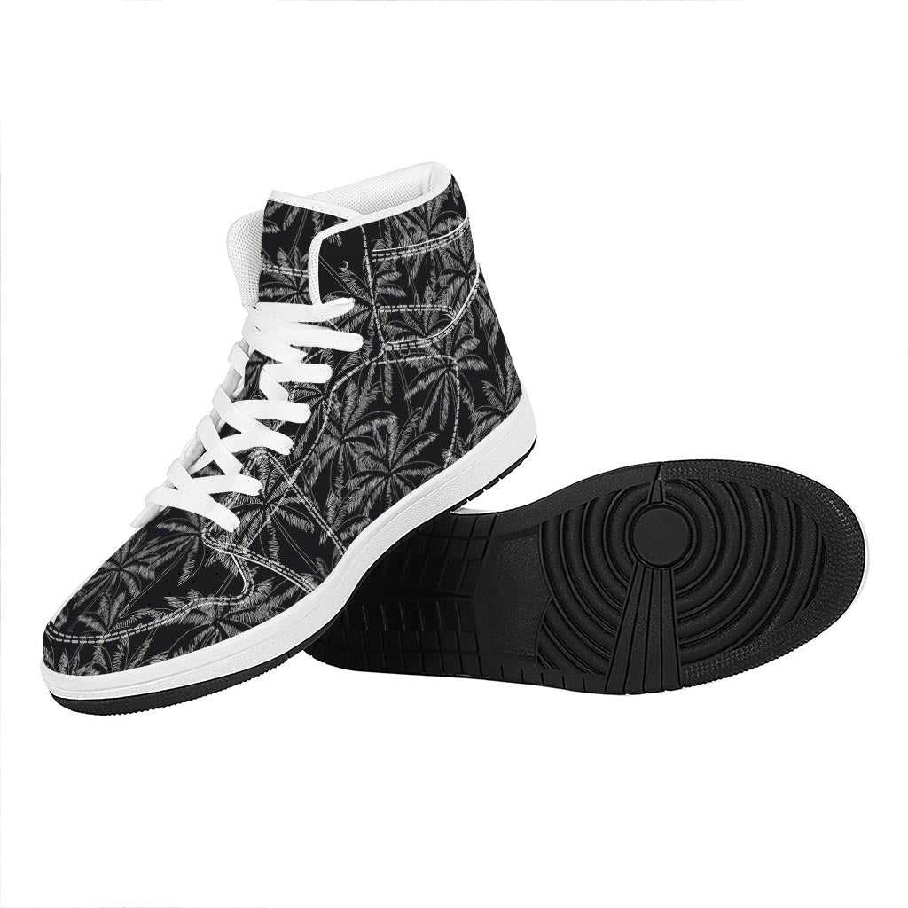 Black White Palm Tree Pattern Print High Top Leather Sneakers