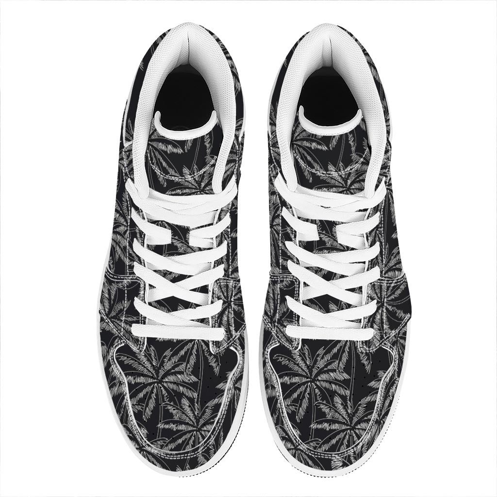 Black White Palm Tree Pattern Print High Top Leather Sneakers