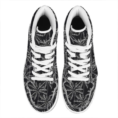 Black White Palm Tree Pattern Print High Top Leather Sneakers