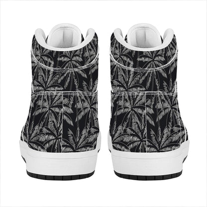 Black White Palm Tree Pattern Print High Top Leather Sneakers