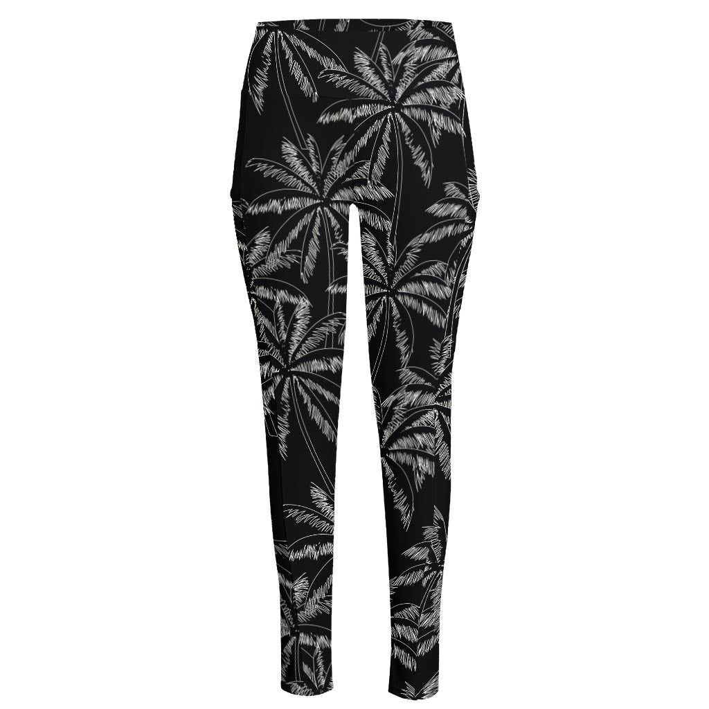 Black White Palm Tree Pattern Print High-Waisted Pocket Leggings