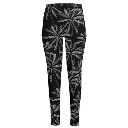 Black White Palm Tree Pattern Print High-Waisted Pocket Leggings