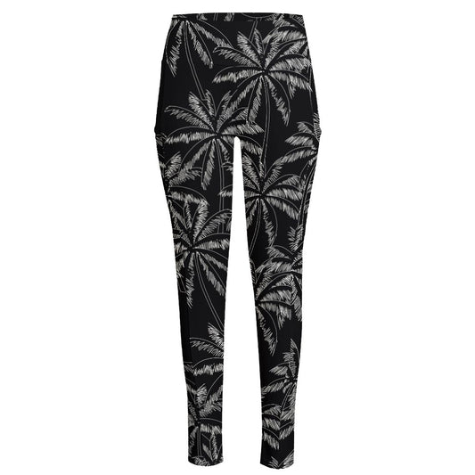 Black White Palm Tree Pattern Print High-Waisted Pocket Leggings