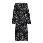 Black White Palm Tree Pattern Print Hooded Bathrobe