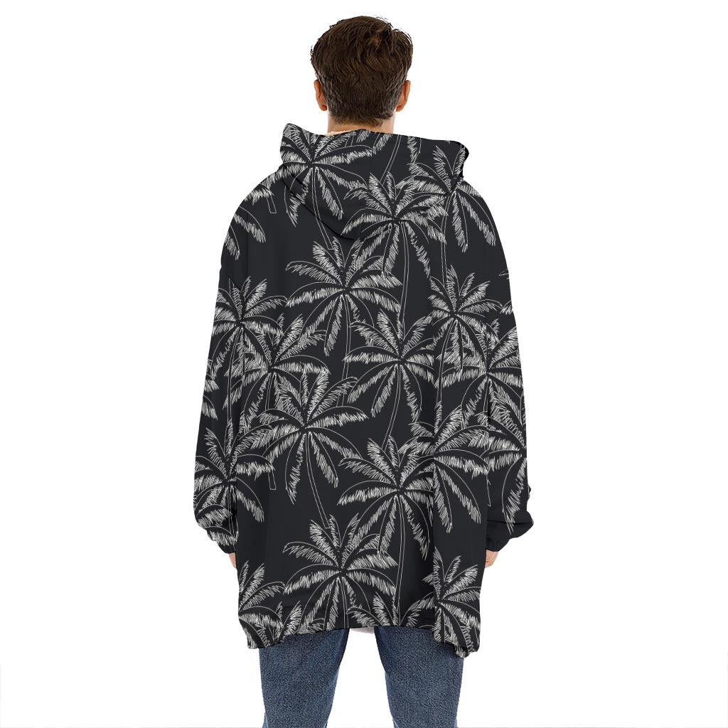 Black White Palm Tree Pattern Print Hoodie Blanket