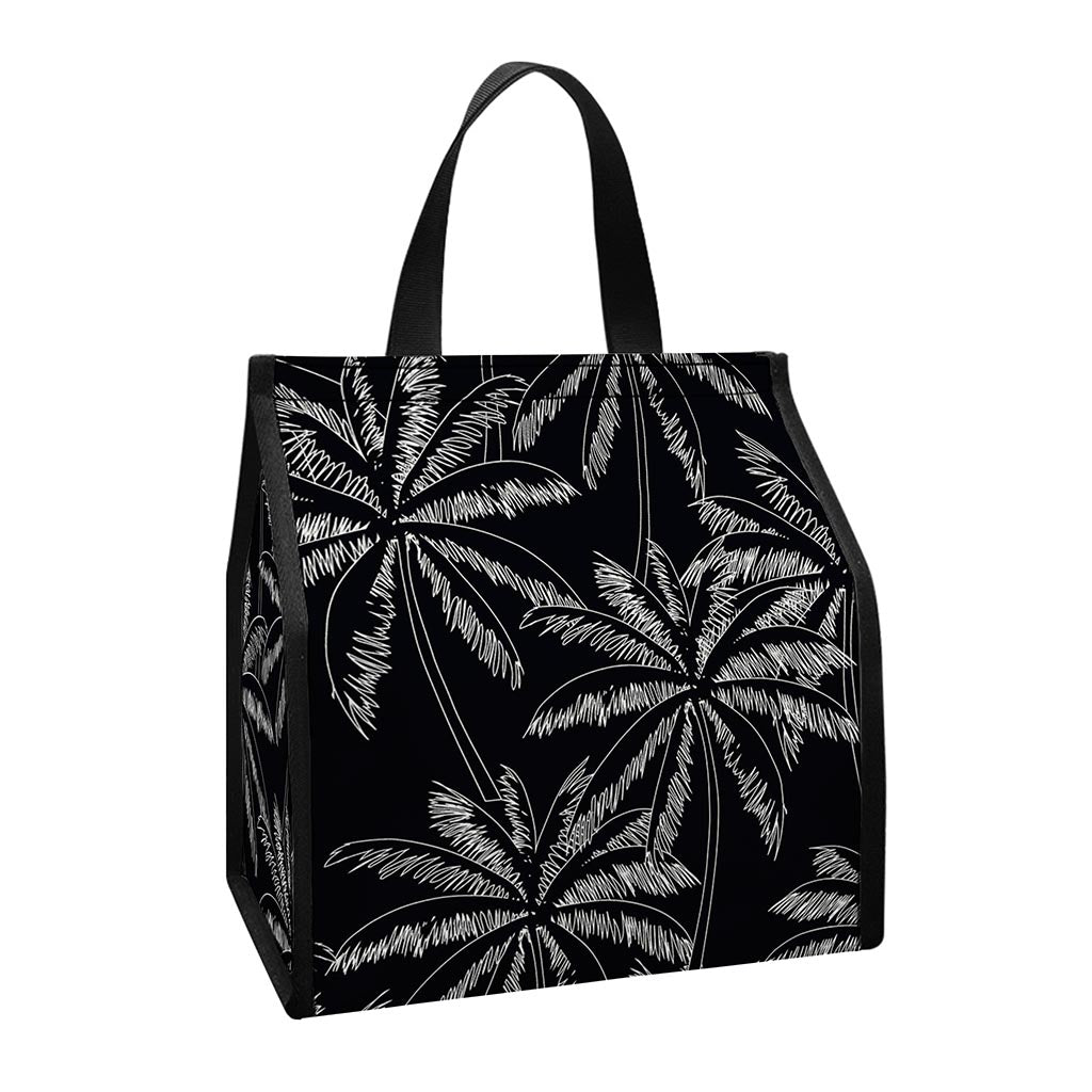 Black White Palm Tree Pattern Print Insulated Lunch Tote
