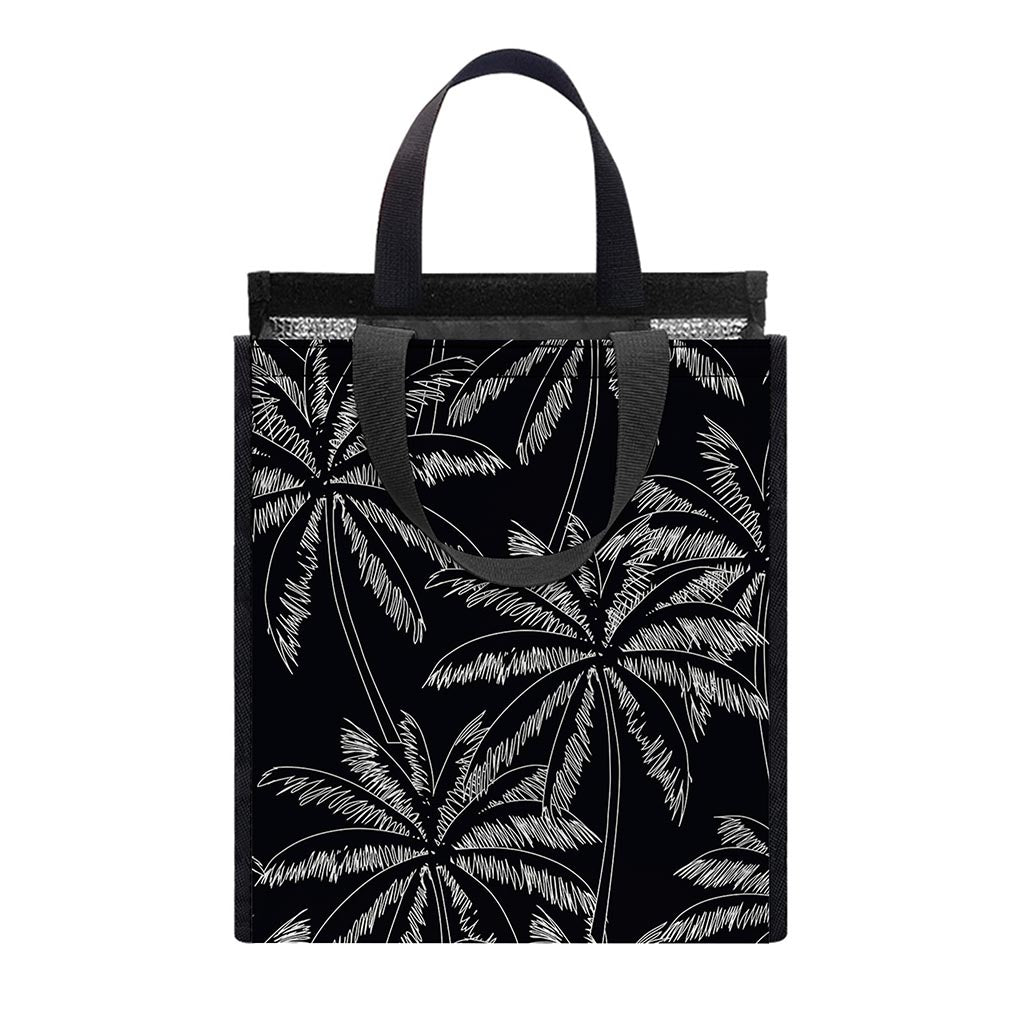 Black White Palm Tree Pattern Print Insulated Lunch Tote