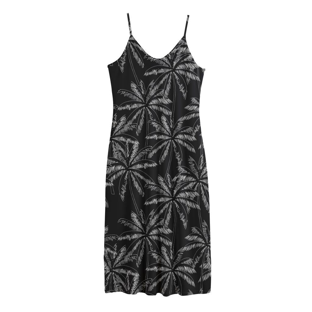 Black White Palm Tree Pattern Print Jersey Midi Cami Dress