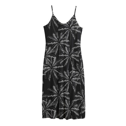 Black White Palm Tree Pattern Print Jersey Midi Cami Dress