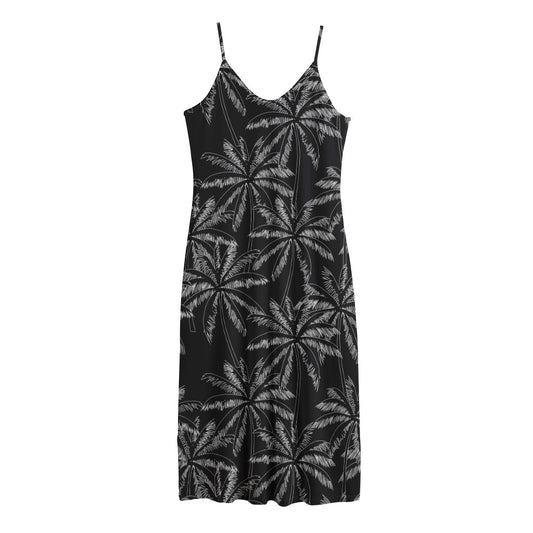 Black White Palm Tree Pattern Print Jersey Midi Cami Dress