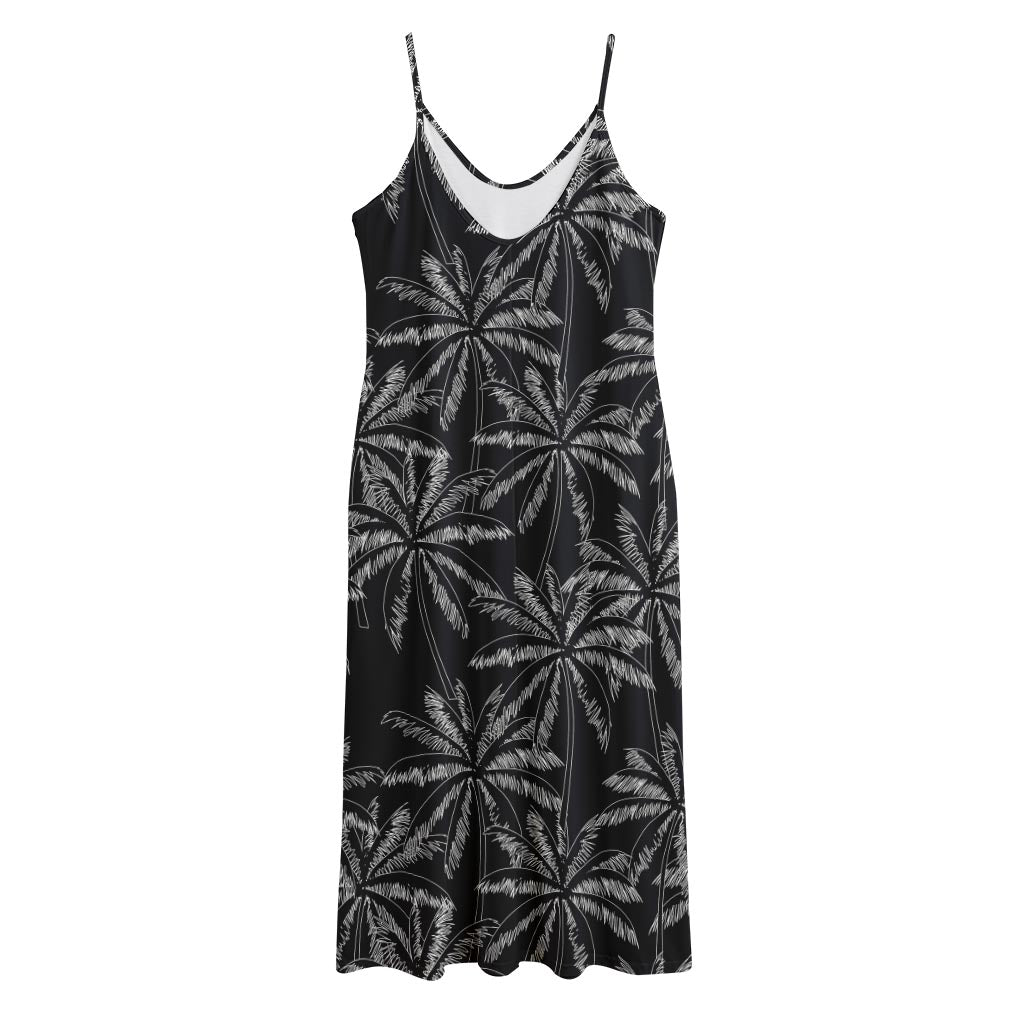 Black White Palm Tree Pattern Print Jersey Midi Cami Dress
