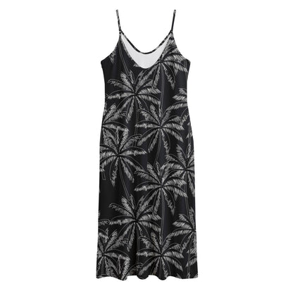 Black White Palm Tree Pattern Print Jersey Midi Cami Dress